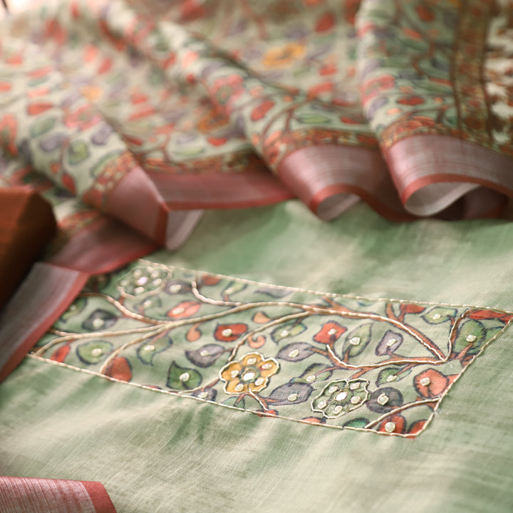 वामिका Light Mint Green Kalamkari Print with Spiral Work  Cotton Linen Suit Set