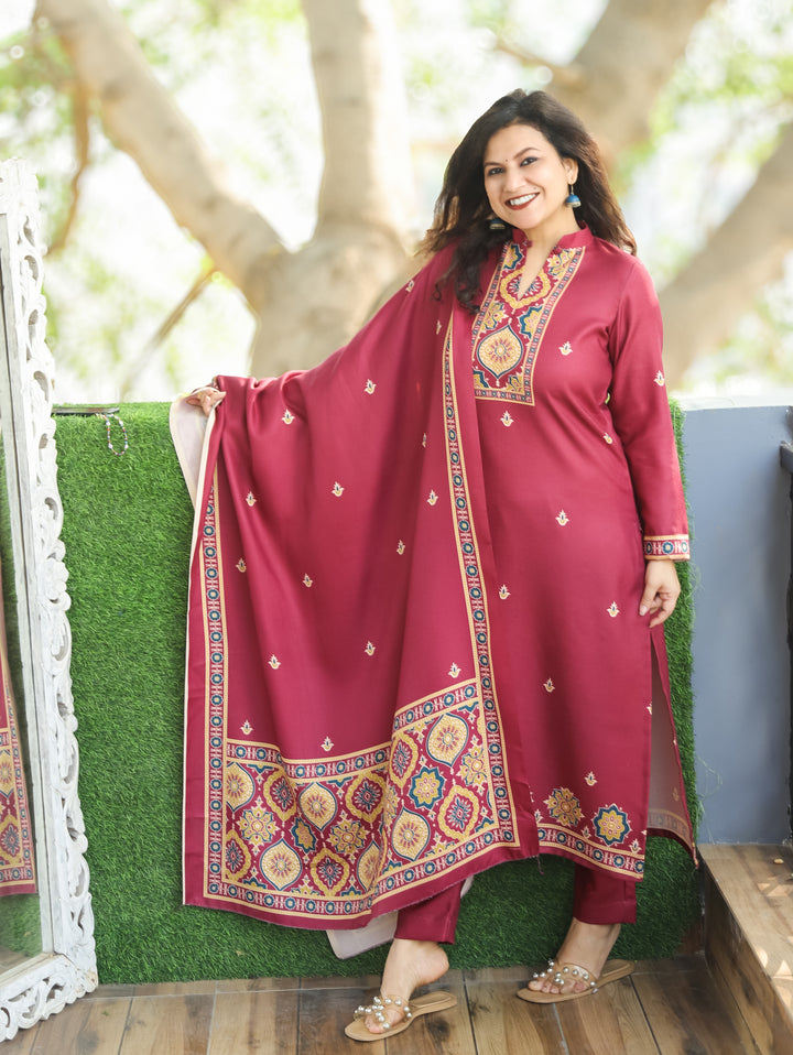 Trisha Misty Wine Ban Collar with Button Ajrak Print Semi Pashmina 3 Piece Set