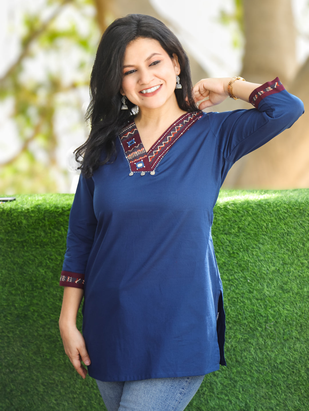 Shally Royal Blue V Neck Hand Work WIth Lace Patch Short Cotton Kurti