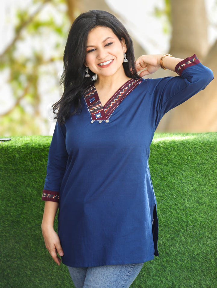 Shally Royal Blue V Neck Hand Work WIth Lace Patch Short Cotton Kurti