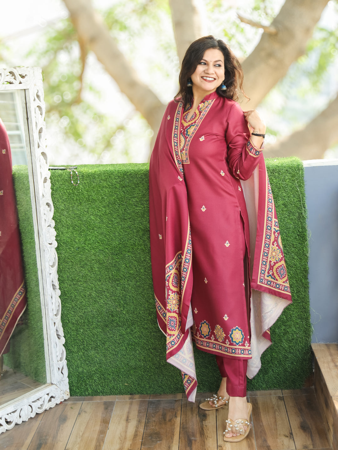 Trisha Misty Wine Ban Collar with Button Ajrak Print Semi Pashmina 3 Piece Set