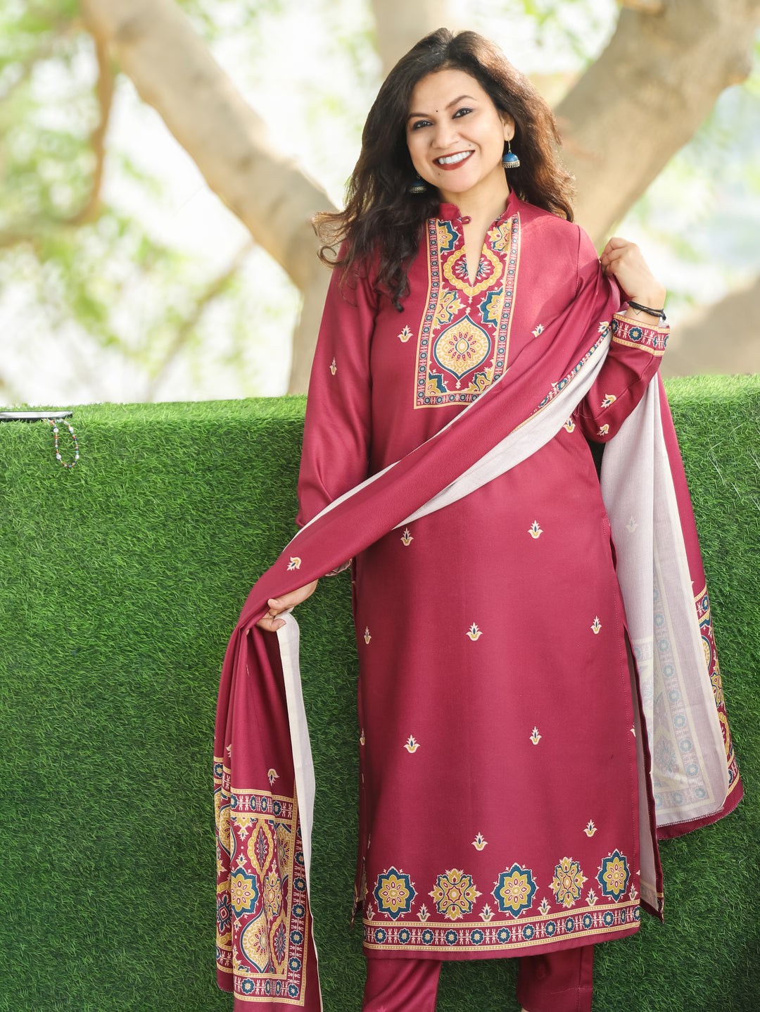 Trisha Misty Wine Ban Collar with Button Ajrak Print Semi Pashmina 3 Piece Set