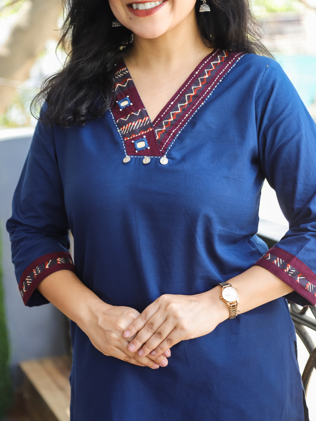Shally Royal Blue V Neck Hand Work WIth Lace Patch Short Cotton Kurti