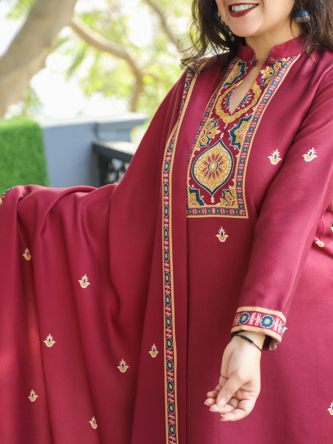 Trisha Misty Wine Ban Collar with Button Ajrak Print Semi Pashmina 3 Piece Set