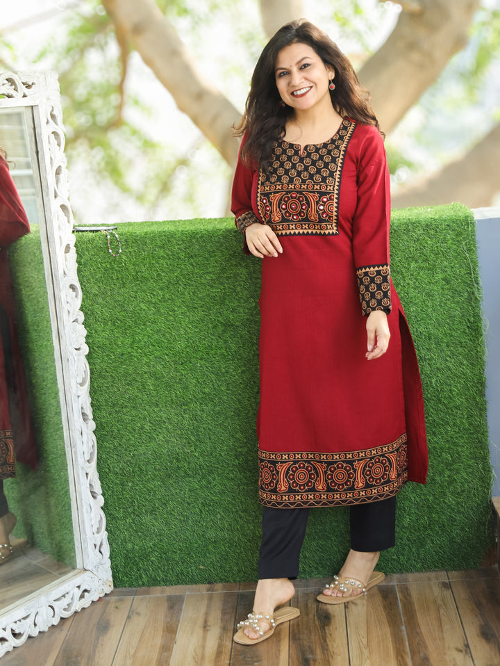 Soniya Cherry Maroon Mirror Work Gamthi Print Yoke Winter Twill Kurti