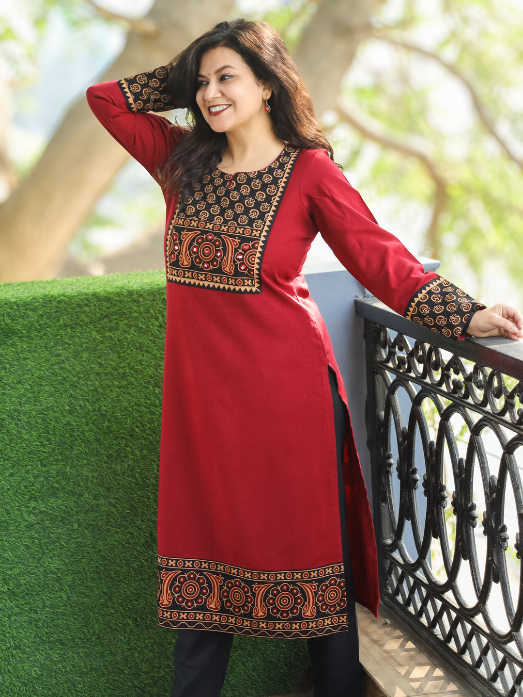 Soniya Cherry Maroon Mirror Work Gamthi Print Yoke Winter Twill Kurti