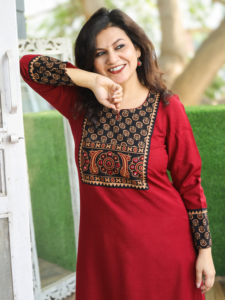 Soniya Cherry Maroon Mirror Work Gamthi Print Yoke Winter Twill Kurti