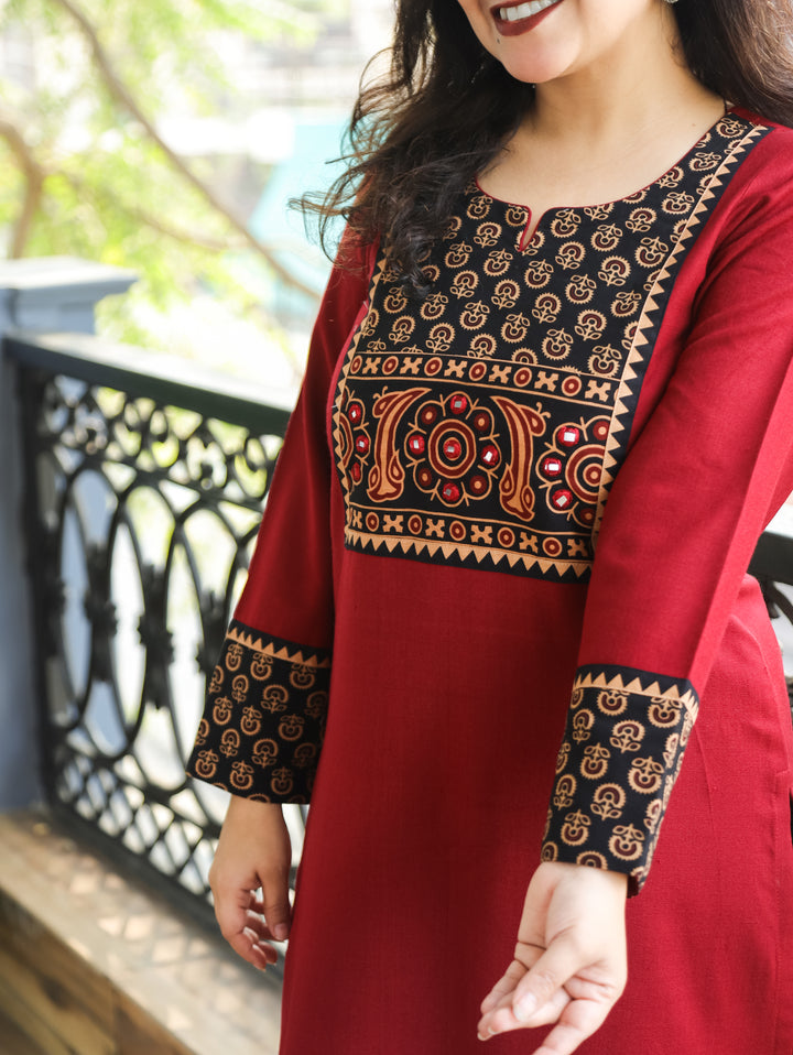 Soniya Cherry Maroon Mirror Work Gamthi Print Yoke Winter Twill Kurti