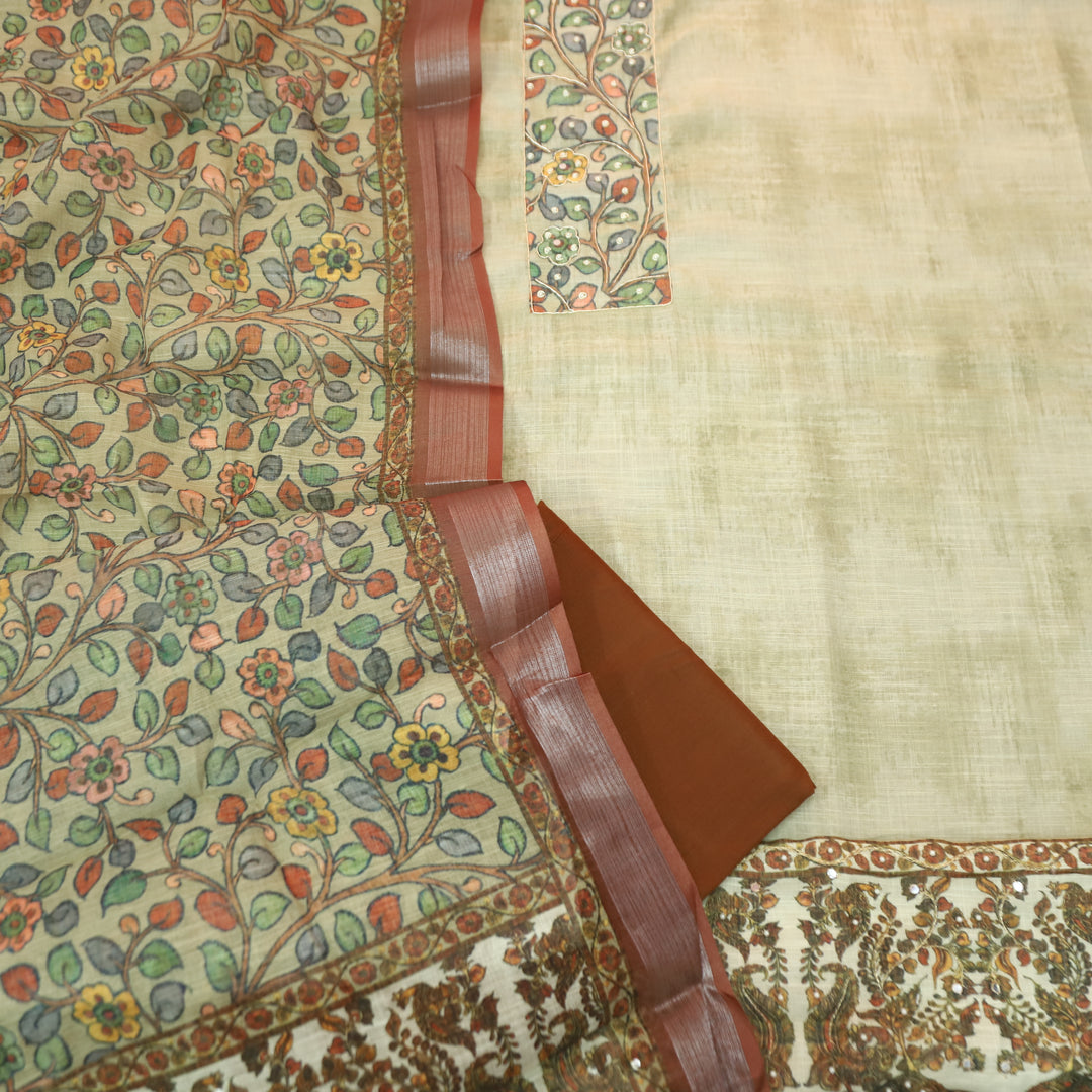 वामिका Off-Shell Beige Kalamkari Print with Spiral Work  Cotton Linen Suit Set