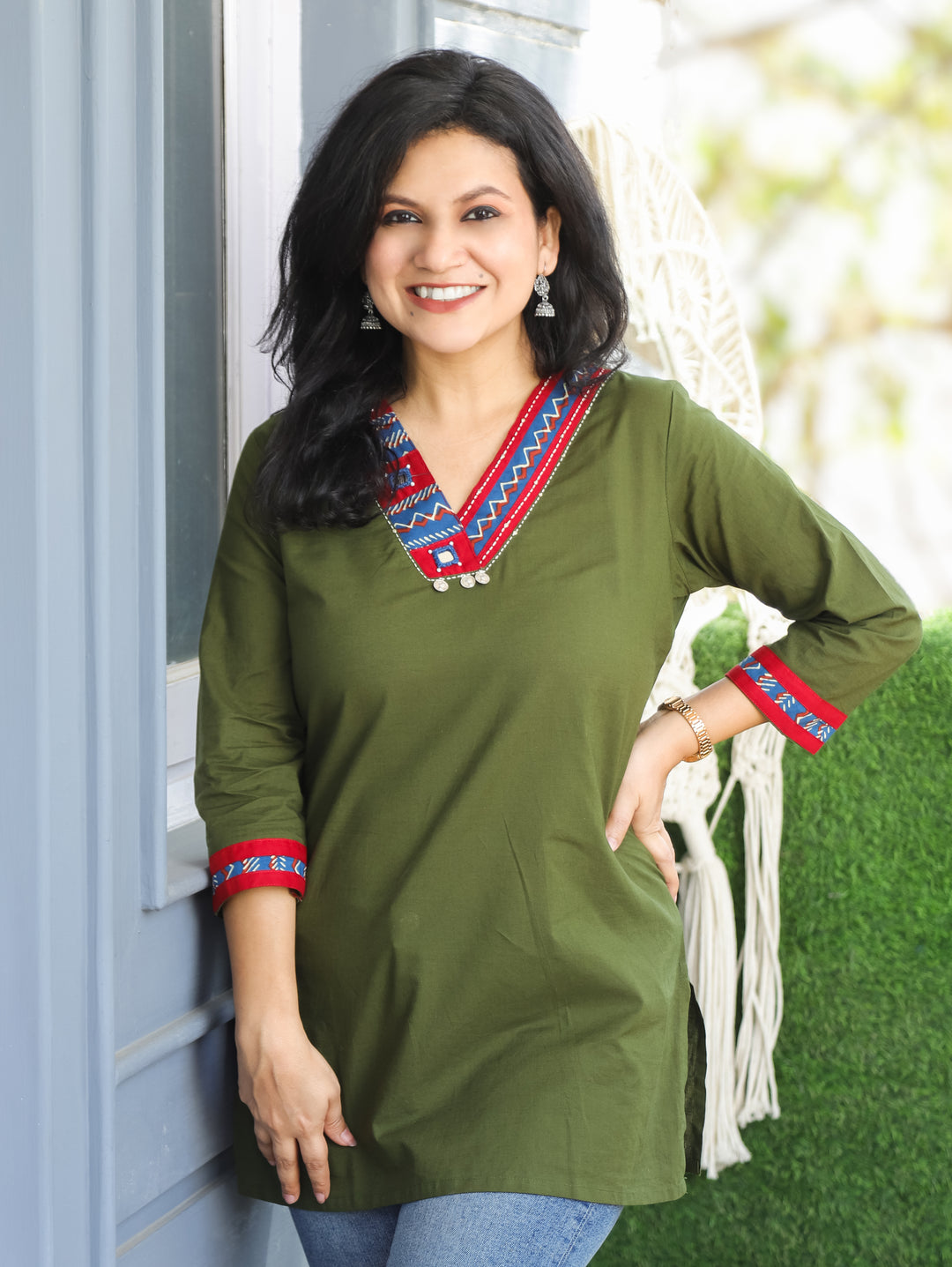 Shally Forest Green V Neck Hand Work WIth Lace Patch Short Cotton Kurti
