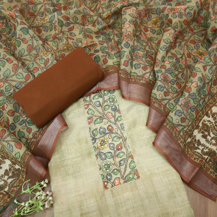 वामिका Off-Shell Beige Kalamkari Print with Spiral Work  Cotton Linen Suit Set