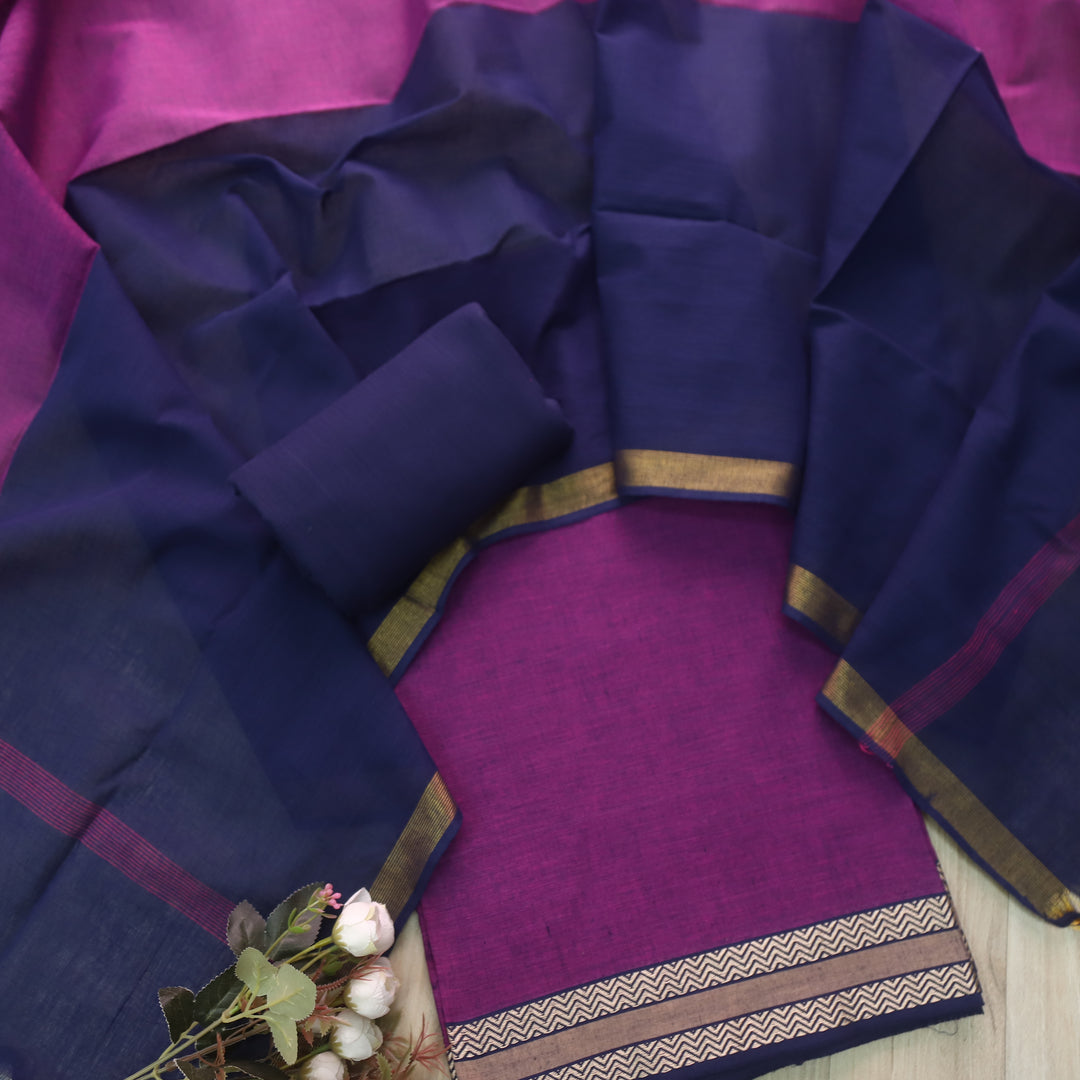 Sanskruti Plum Purple with Blue Dupatta South Cotton Mangalgiri Hem Suit Set