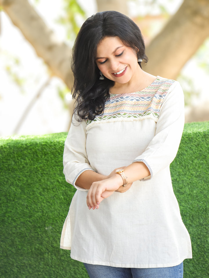 Eiva Shell White Cross Stitch Neck Work Short Cotton Kurti