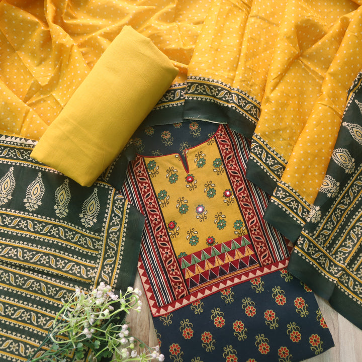 Sulari Hunter Green Ajrak Patch with Mirror Ajrak Print Cotton Suit Set