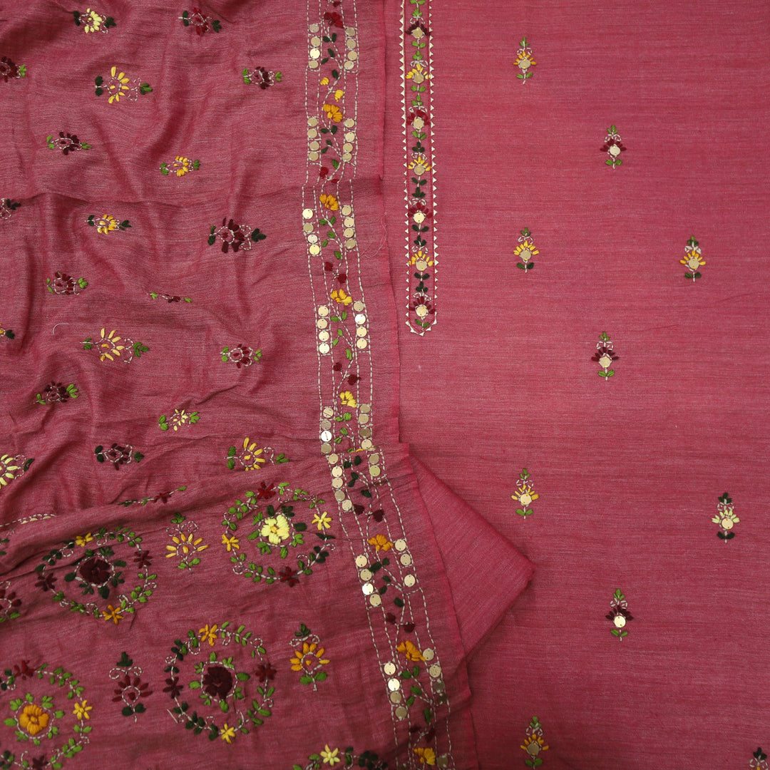 Zeenat Burgundy Red Thread Neck Work Khadi Cotton Top with All Over Thread Work Khadi Cotton Dupatta Set