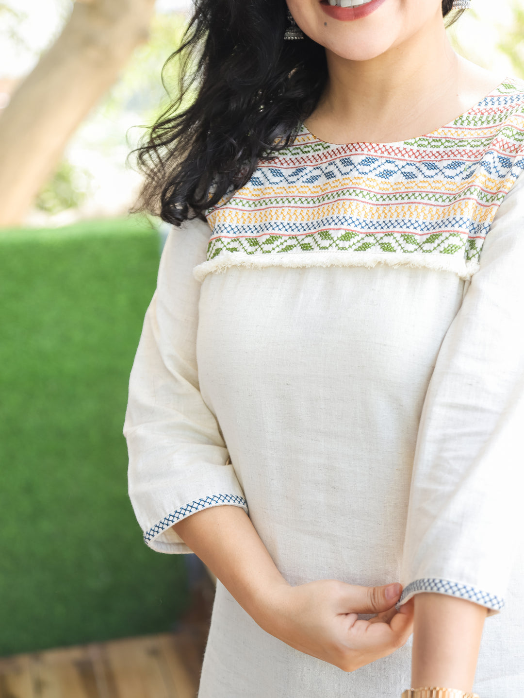 Eiva Shell White Cross Stitch Neck Work Short Cotton Kurti