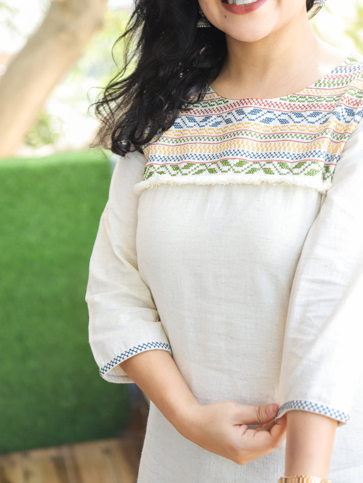 Eiva Shell White Cross Stitch Neck Work Short Cotton Kurti
