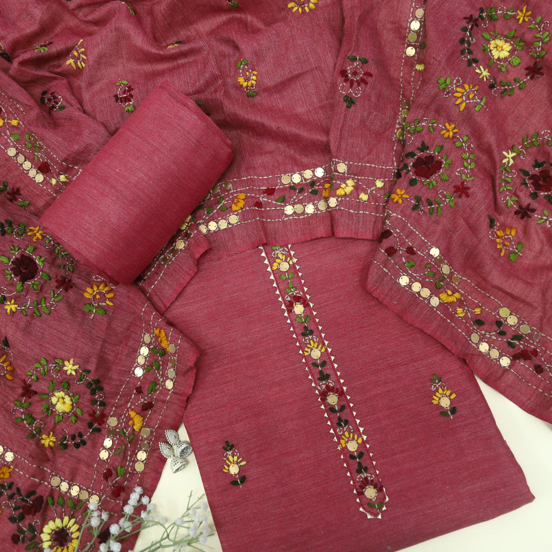 Zeenat Burgundy Red Thread Neck Work Khadi Cotton Top with All Over Thread Work Khadi Cotton Dupatta Set