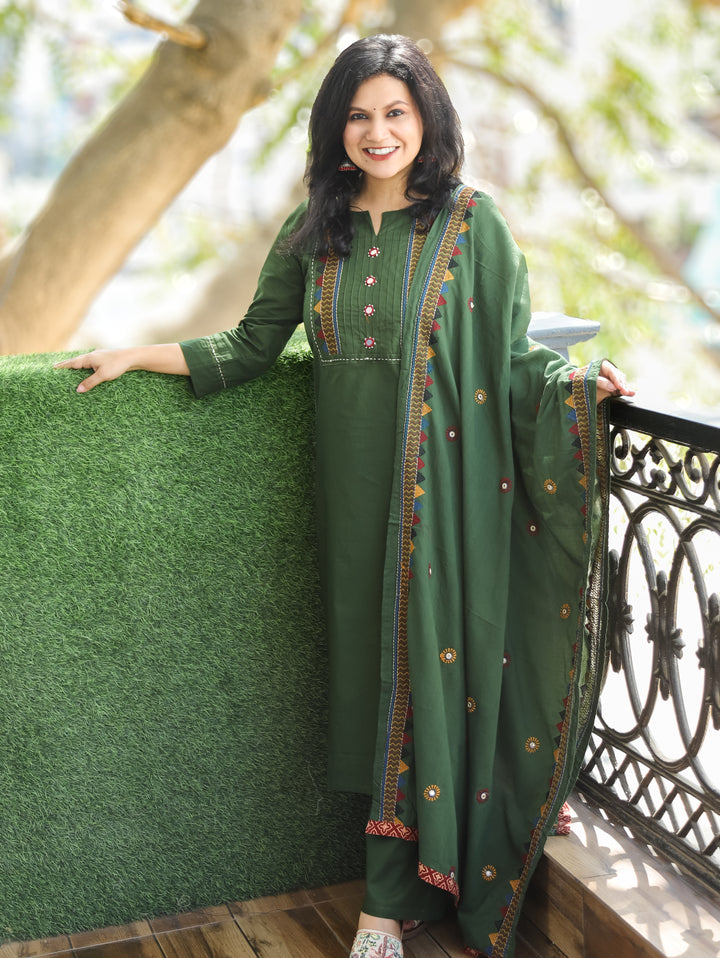 Laadli Forest Green Embriodered Yoke with Mirror Work Cotton 3 Piece Set