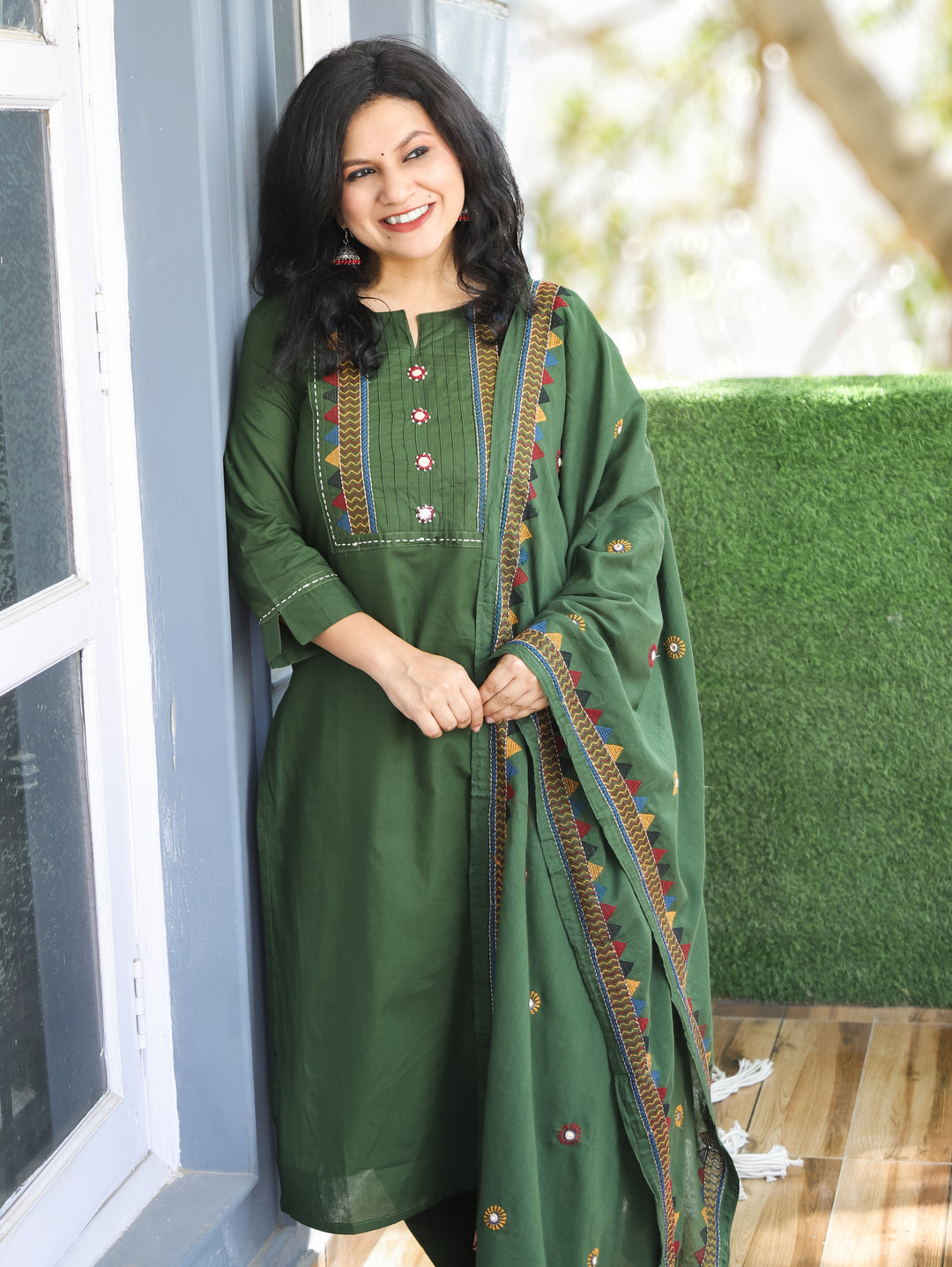 Laadli Forest Green Embriodered Yoke with Mirror Work Cotton 3 Piece Set