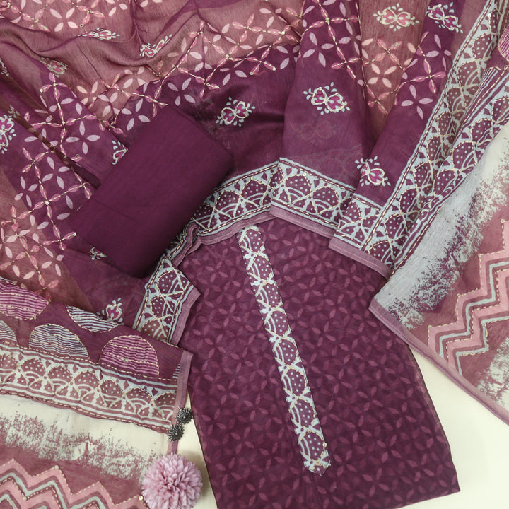 Kohinoor Grape Purple Chanderi Top with Madhubani Kantha Dupatta Set