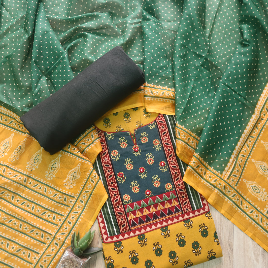 Sulari Dijon Yellow Ajrak Patch with Mirror Ajrak Print Cotton Suit Set