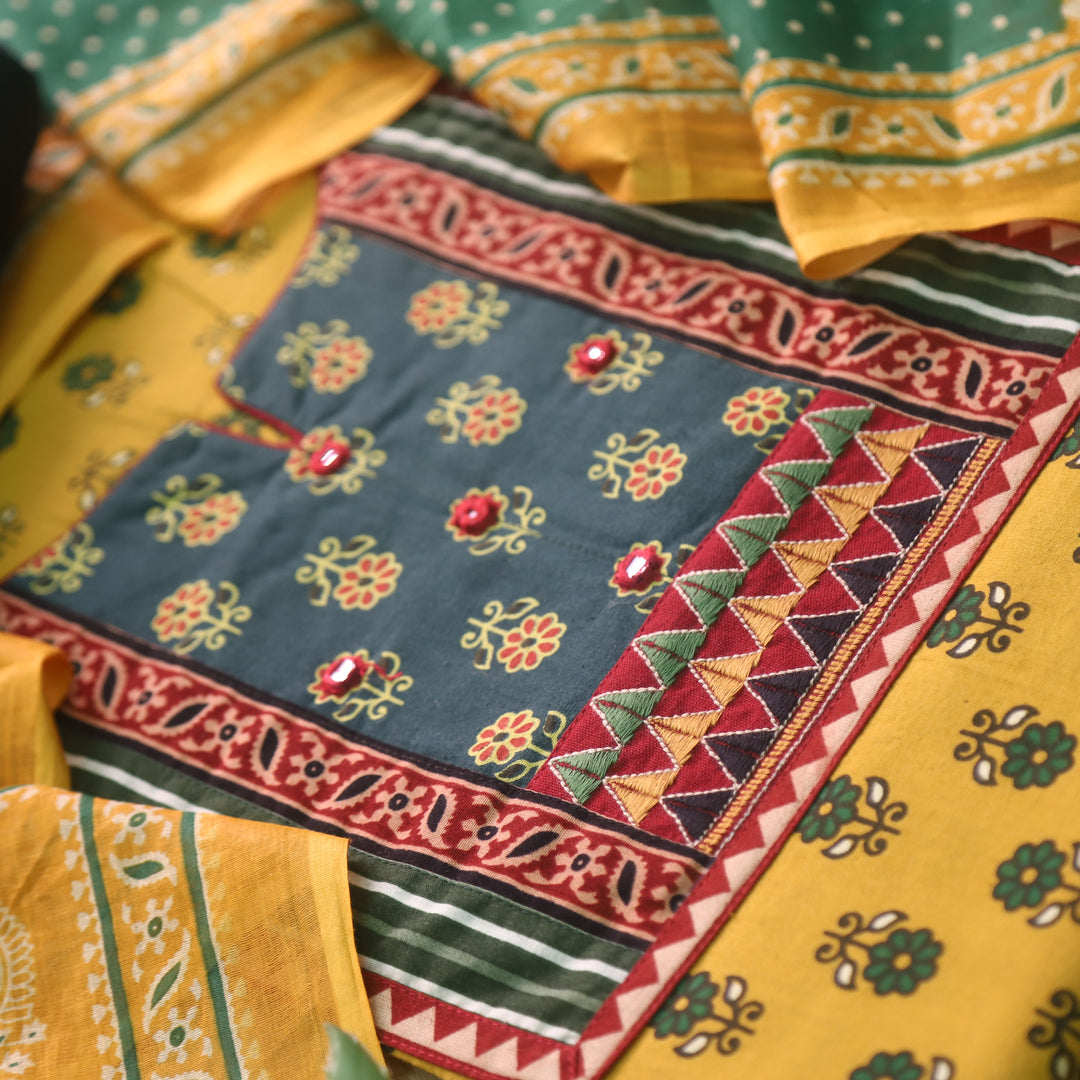 Sulari Dijon Yellow Ajrak Patch with Mirror Ajrak Print Cotton Suit Set