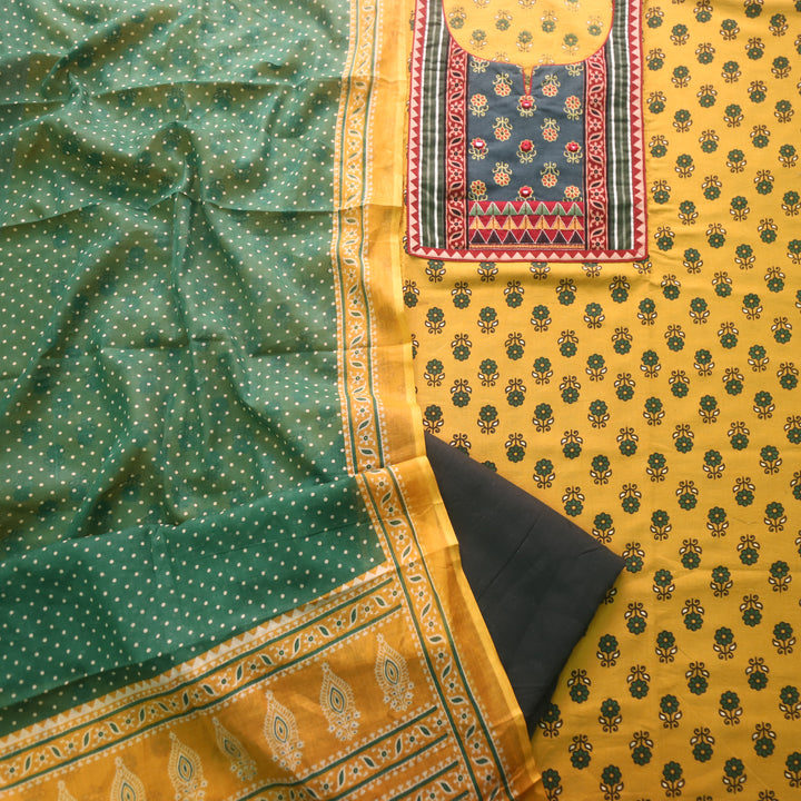 Sulari Dijon Yellow Ajrak Patch with Mirror Ajrak Print Cotton Suit Set