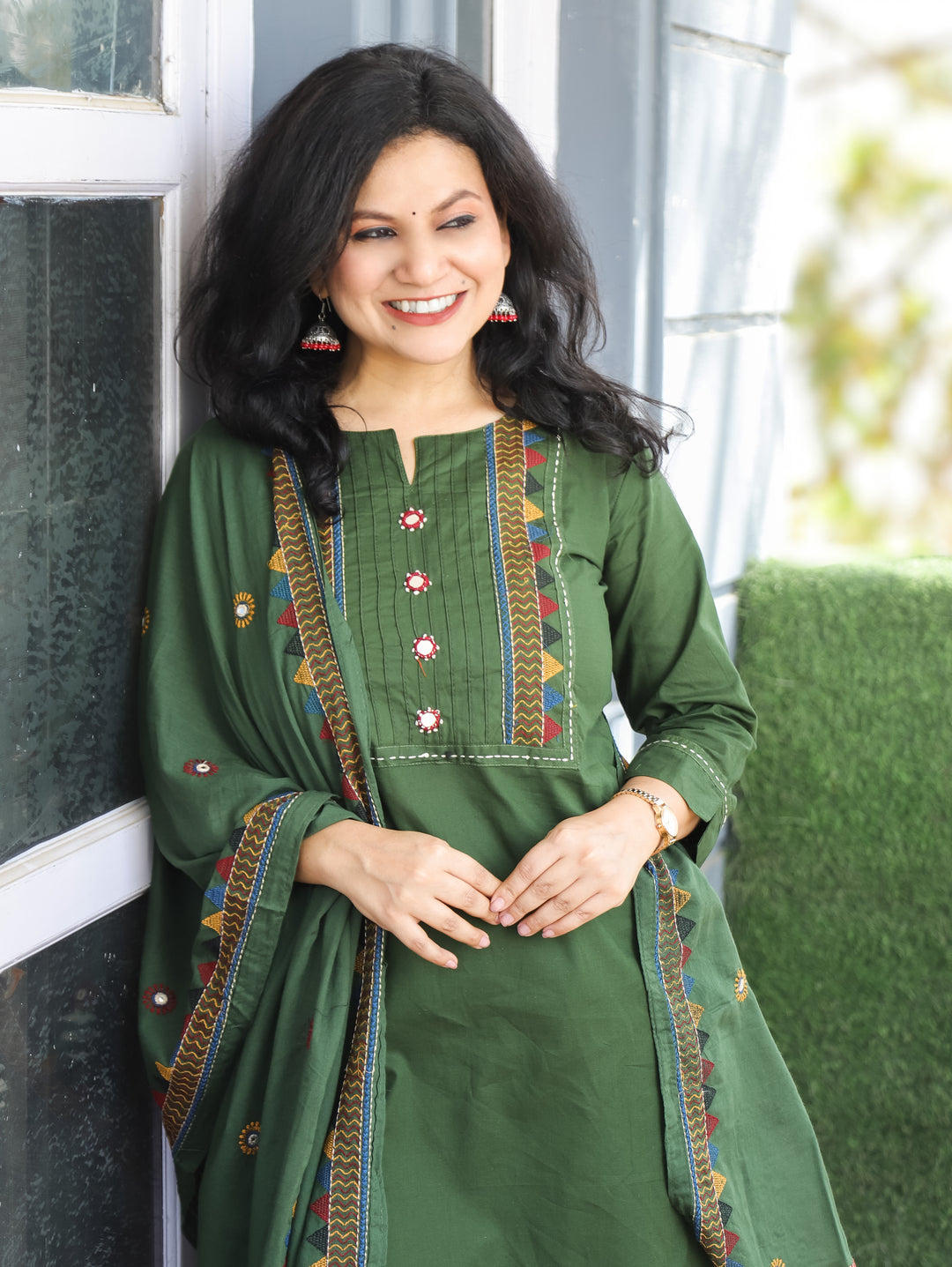 Laadli Forest Green Embriodered Yoke with Mirror Work Cotton 3 Piece Set
