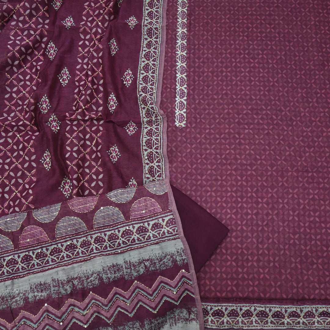 Kohinoor Grape Purple Chanderi Top with Madhubani Kantha Dupatta Set