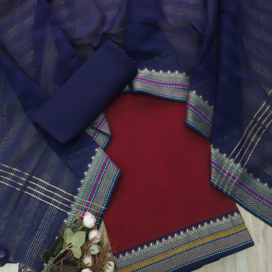 Sanskruti Ruby Maroon with Blue Dupatta South Cotton Mangalgiri Hem Suit Set
