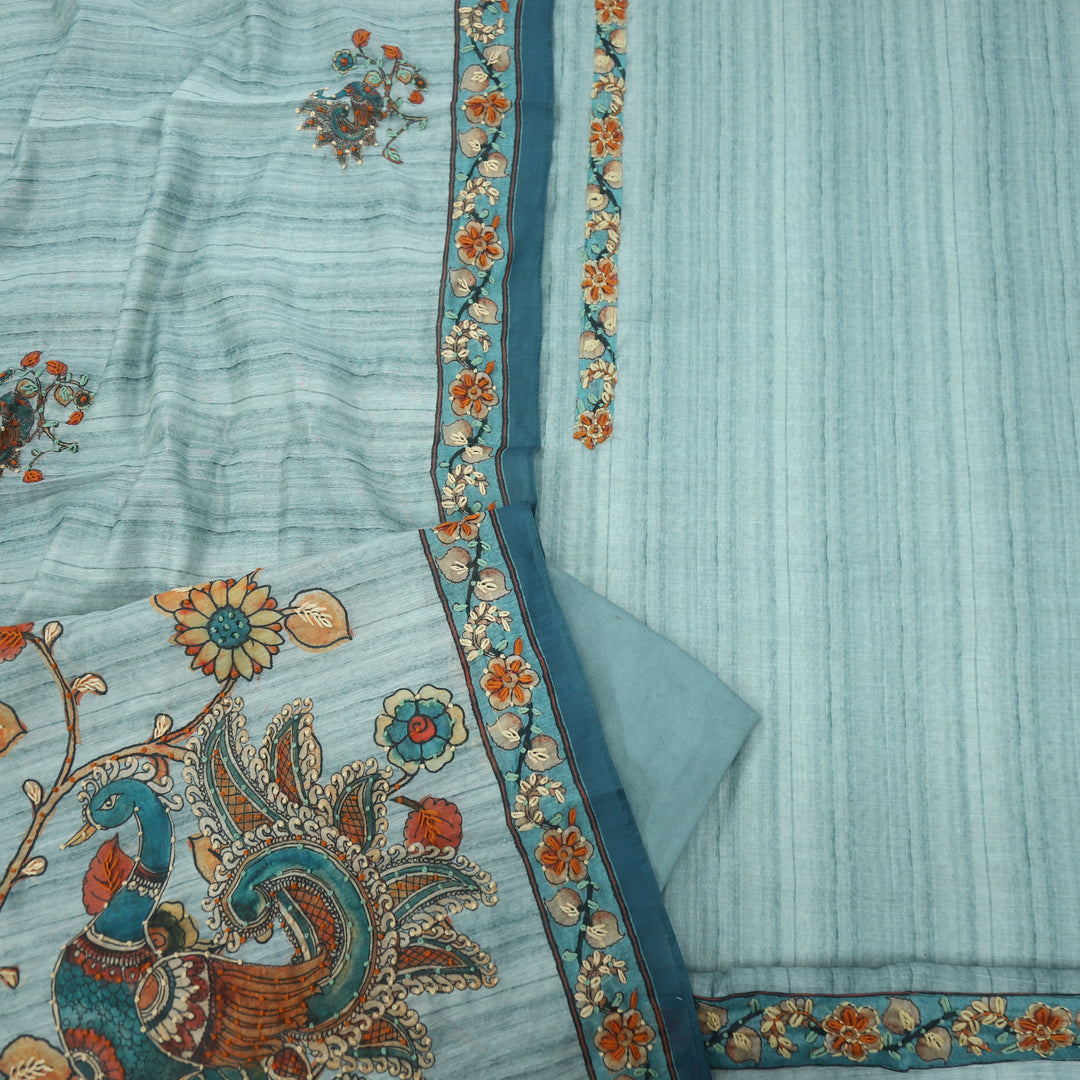 Kohinoor Faded Blue Chanderi Top with Madhubani Kantha Dupatta Set