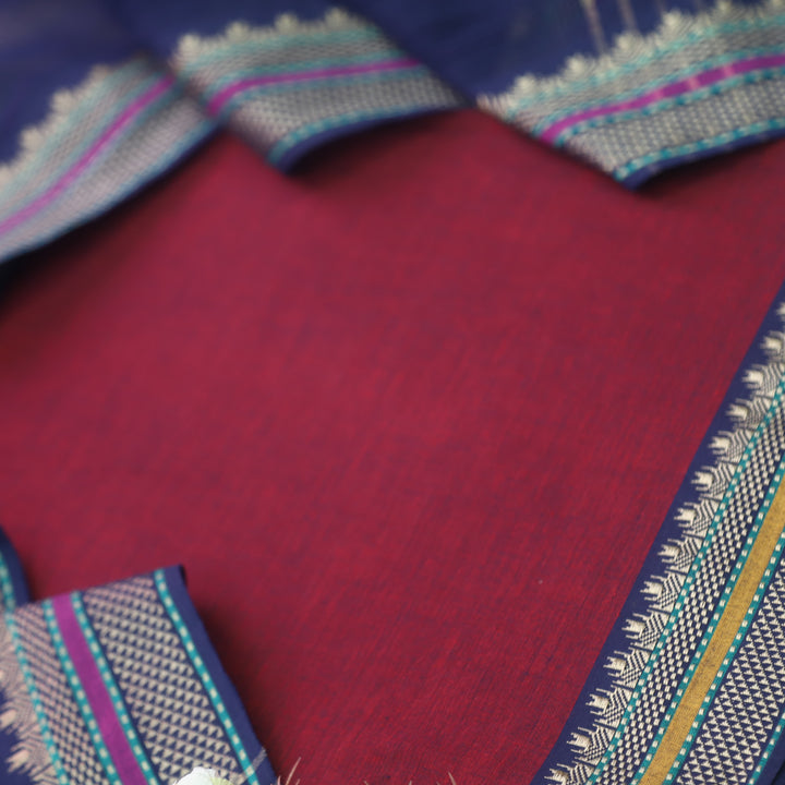 Sanskruti Ruby Maroon with Blue Dupatta South Cotton Mangalgiri Hem Suit Set