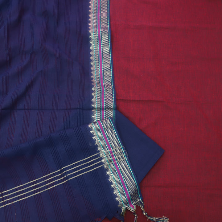 Sanskruti Ruby Maroon with Blue Dupatta South Cotton Mangalgiri Hem Suit Set