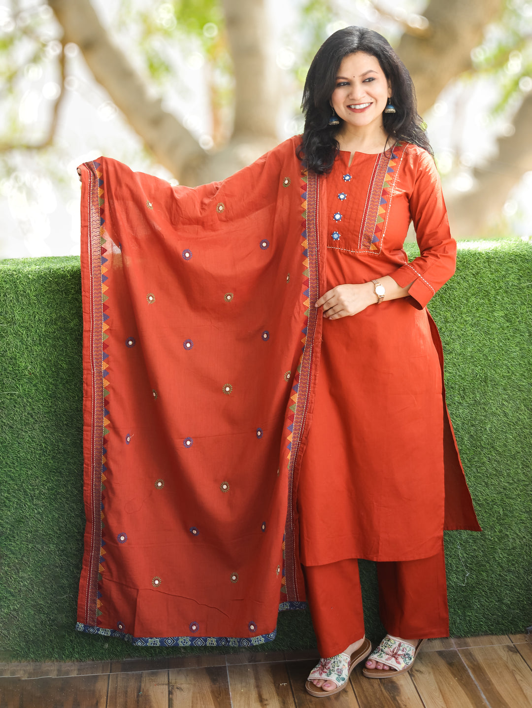 Laadli Rust Orange Embriodered Yoke with Mirror Work Cotton 3 Piece Set