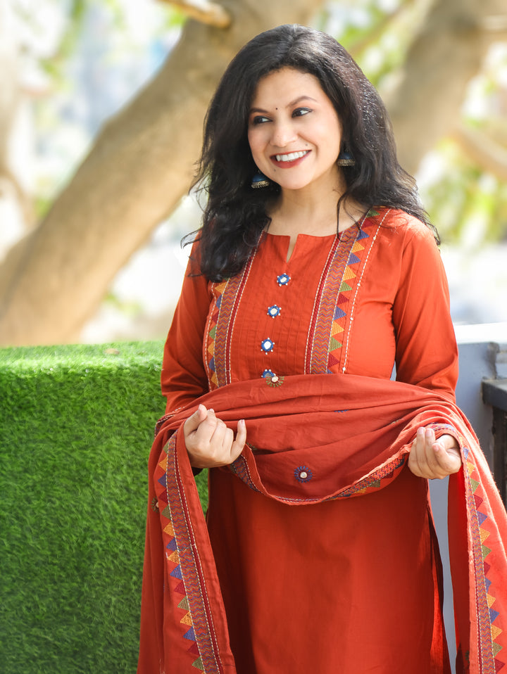 Laadli Rust Orange Embriodered Yoke with Mirror Work Cotton 3 Piece Set