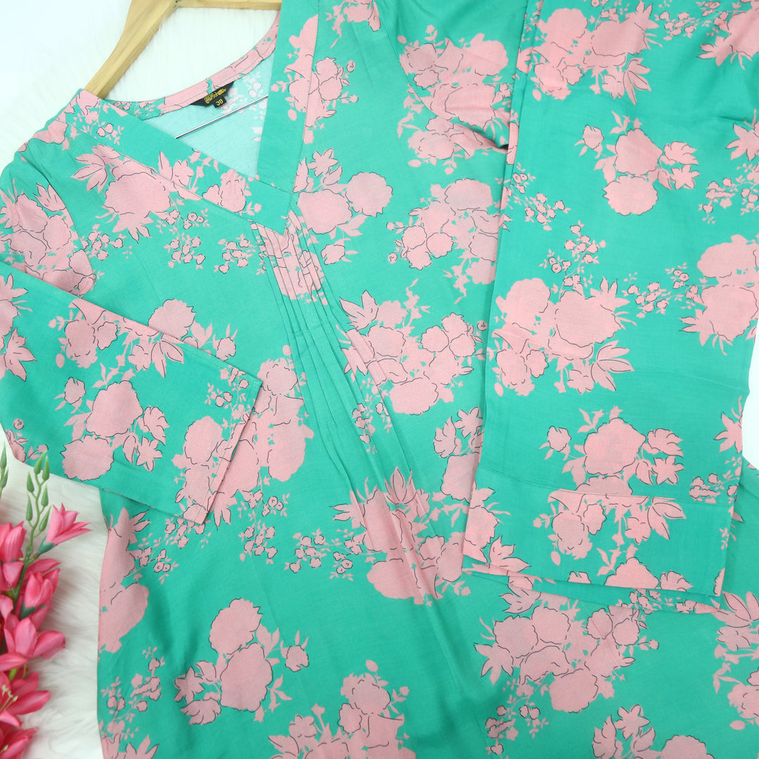 Munshell Green V Neck Modern Printed Pure Muslin Co-Ord Set