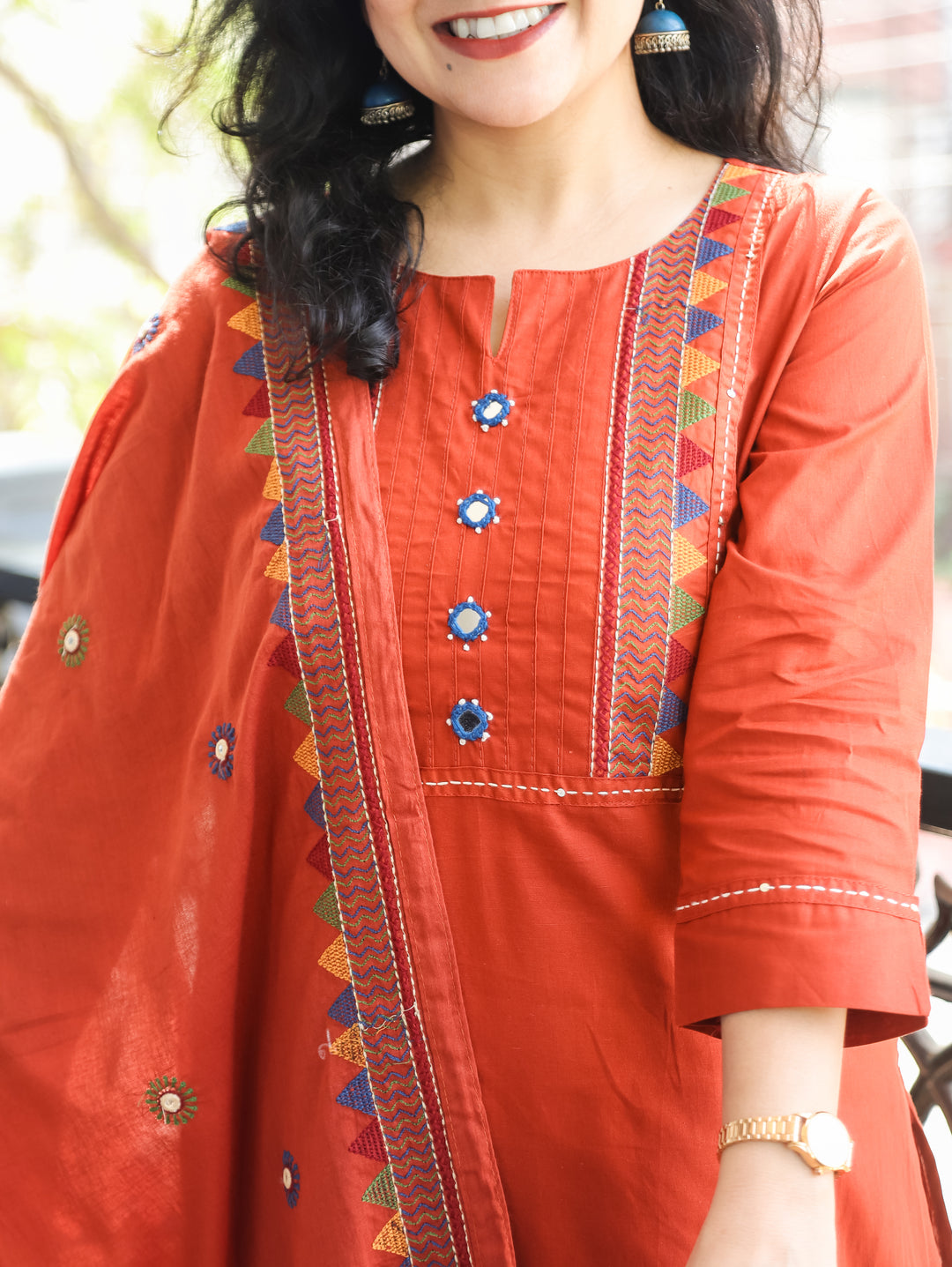Laadli Rust Orange Embriodered Yoke with Mirror Work Cotton 3 Piece Set