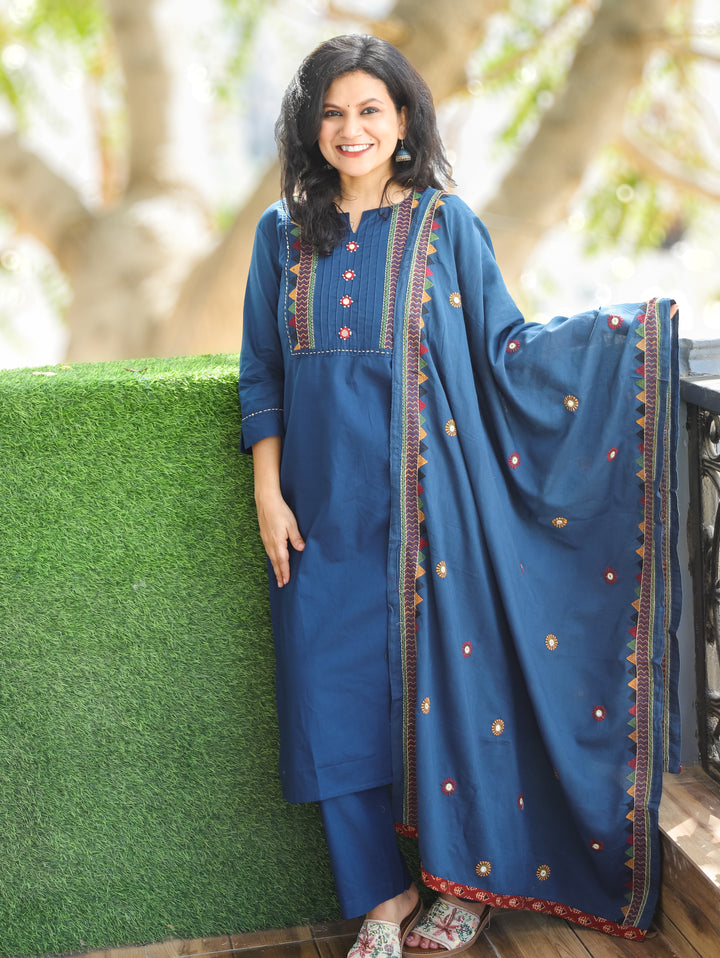 Laadli Cerulean Blue Embriodered Yoke with Mirror Work Cotton 3 Piece Set