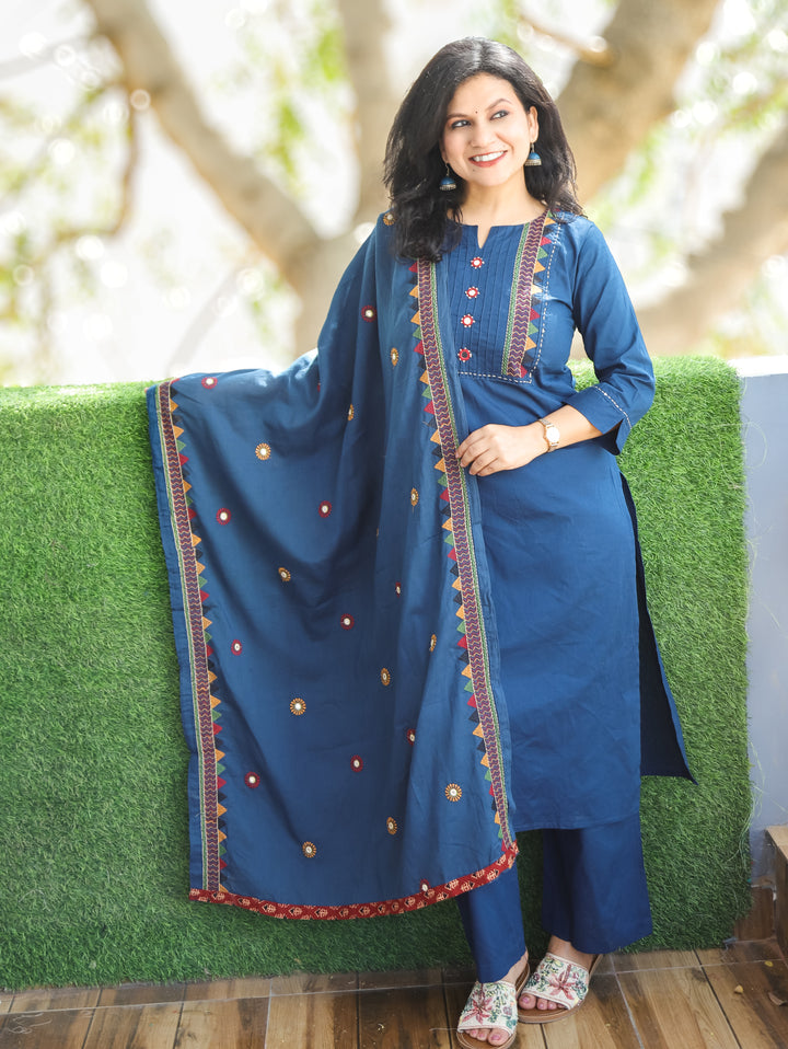 Laadli Cerulean Blue Embriodered Yoke with Mirror Work Cotton 3 Piece Set