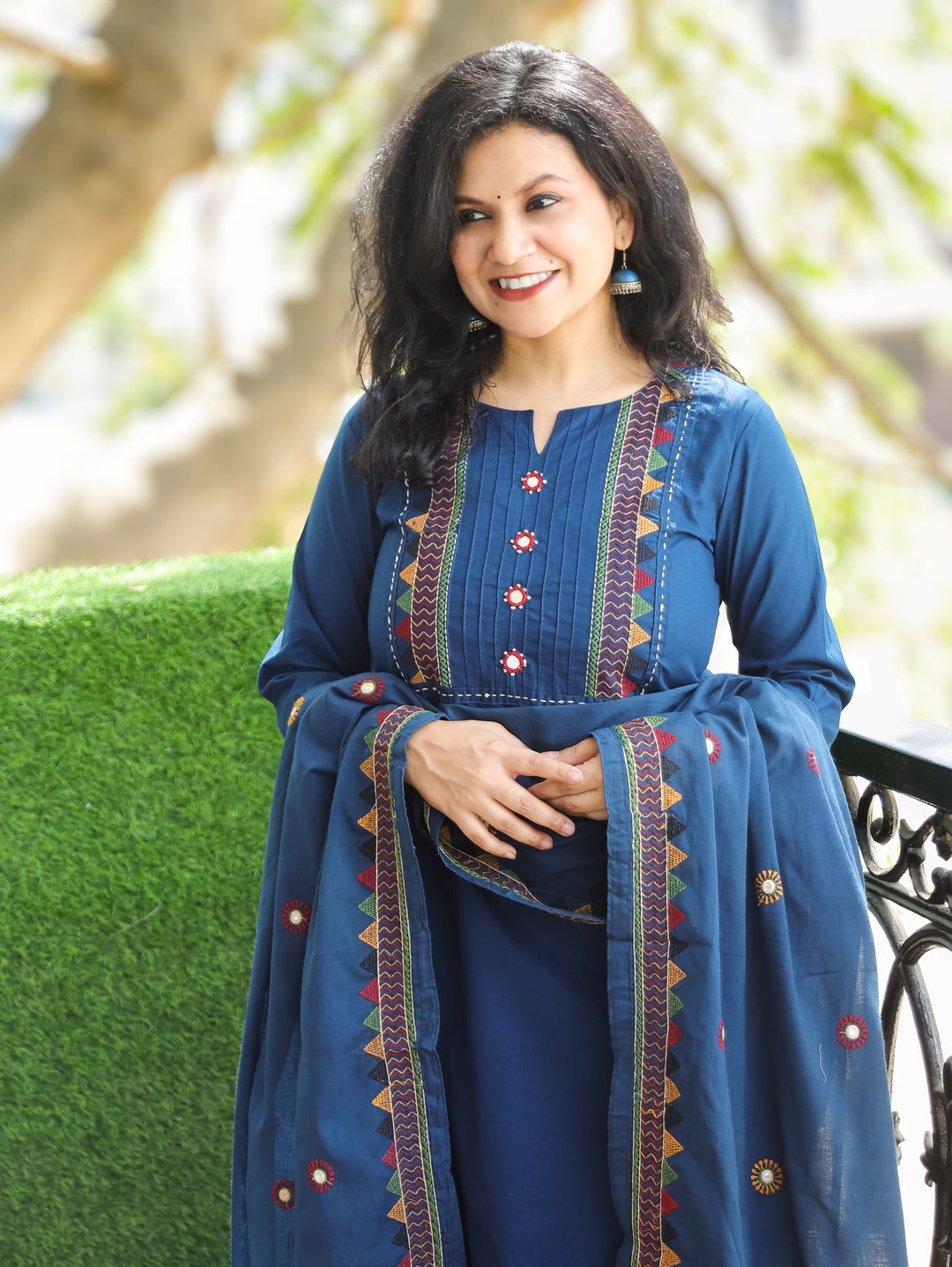 Laadli Cerulean Blue Embriodered Yoke with Mirror Work Cotton 3 Piece Set