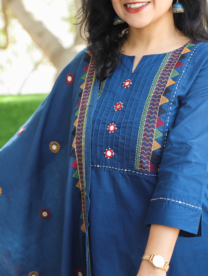 Laadli Cerulean Blue Embriodered Yoke with Mirror Work Cotton 3 Piece Set
