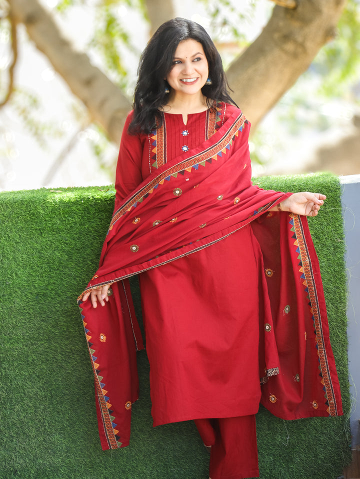 Laadli Cheery Red Embriodered Yoke with Mirror Work Cotton 3 Piece Set