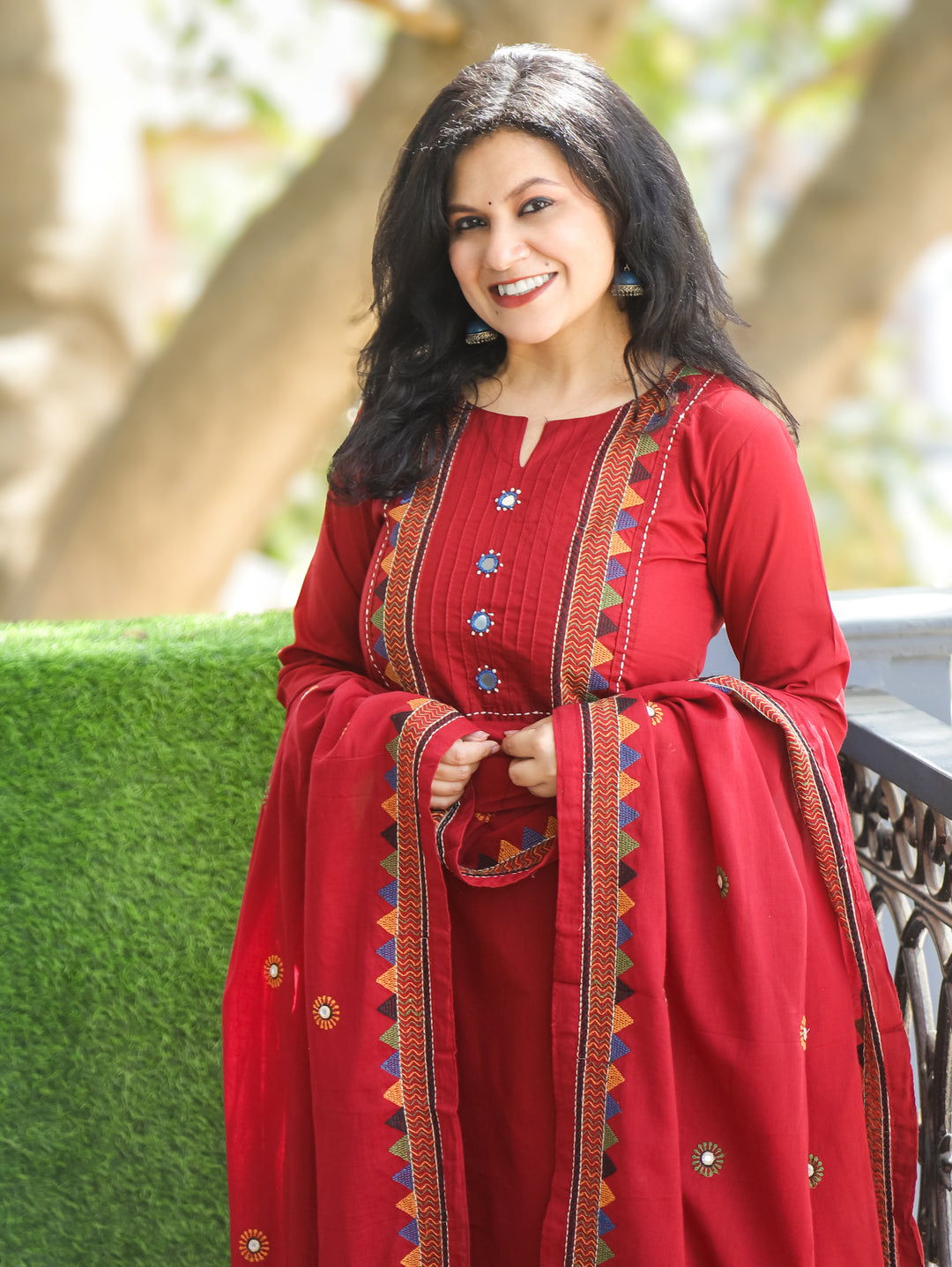 Laadli Cheery Red Embriodered Yoke with Mirror Work Cotton 3 Piece Set