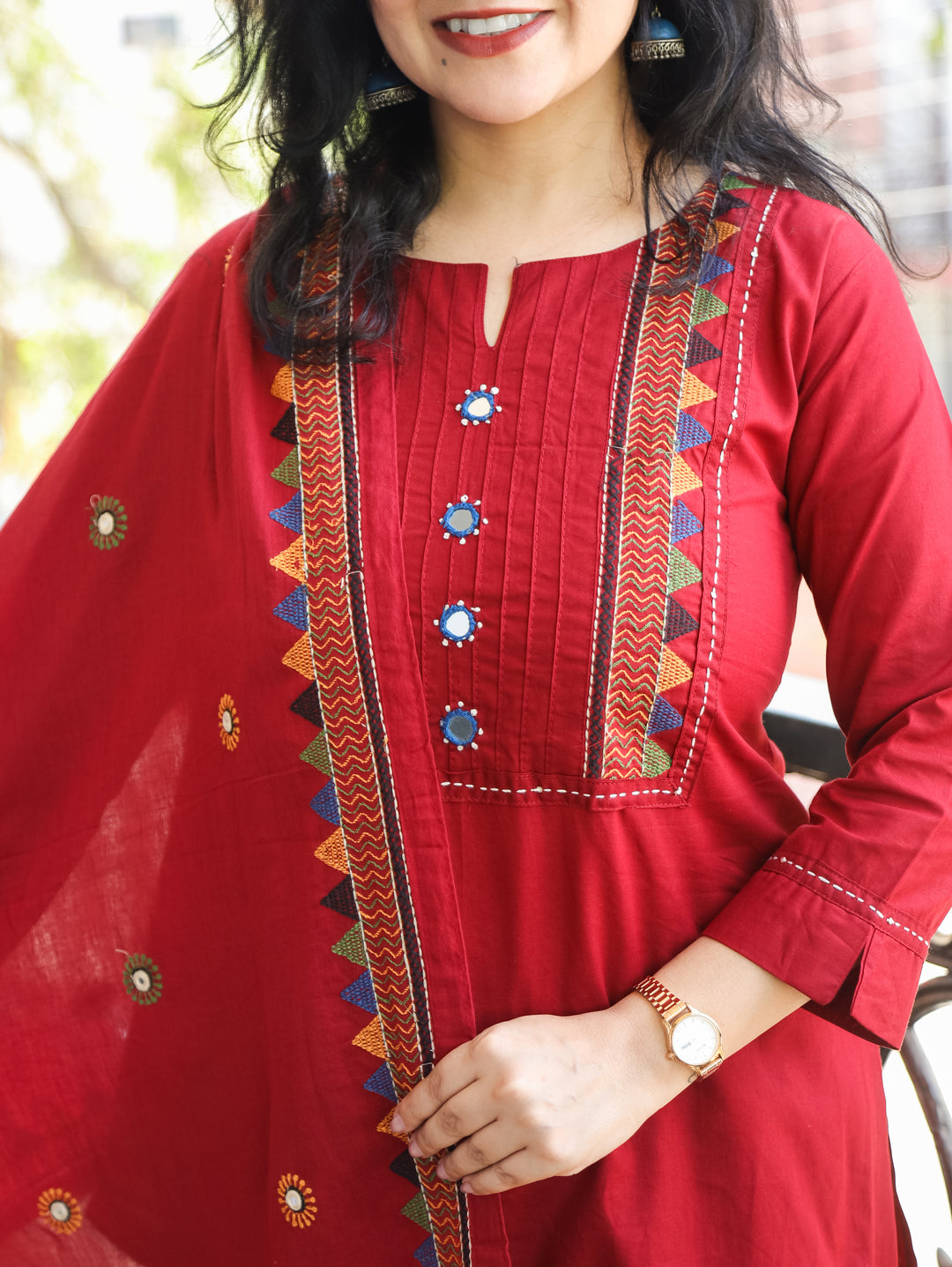 Laadli Cheery Red Embriodered Yoke with Mirror Work Cotton 3 Piece Set