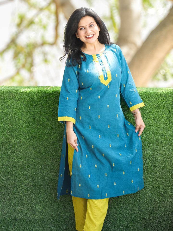 Mishthi Turq Teal Mirror Work Patch in Thread Waved Cotton 2 Piece Set