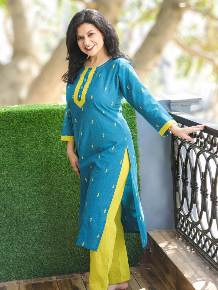 Mishthi Turq Teal Mirror Work Patch in Thread Waved Cotton 2 Piece Set