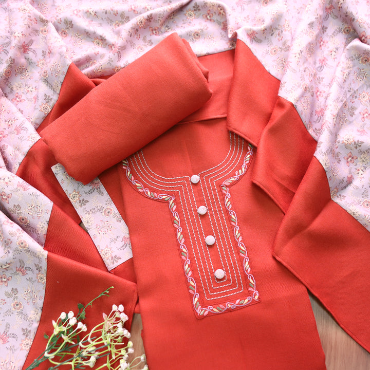 श्रीनारी Rust Orange Unique Thread and Button style Semi Pashmina Set