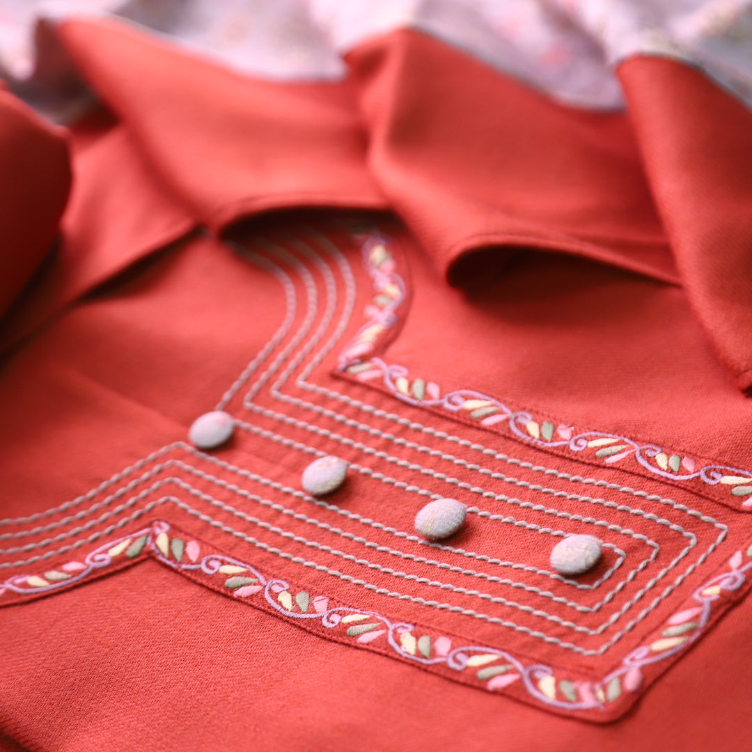 श्रीनारी Rust Orange Unique Thread and Button style Semi Pashmina Set