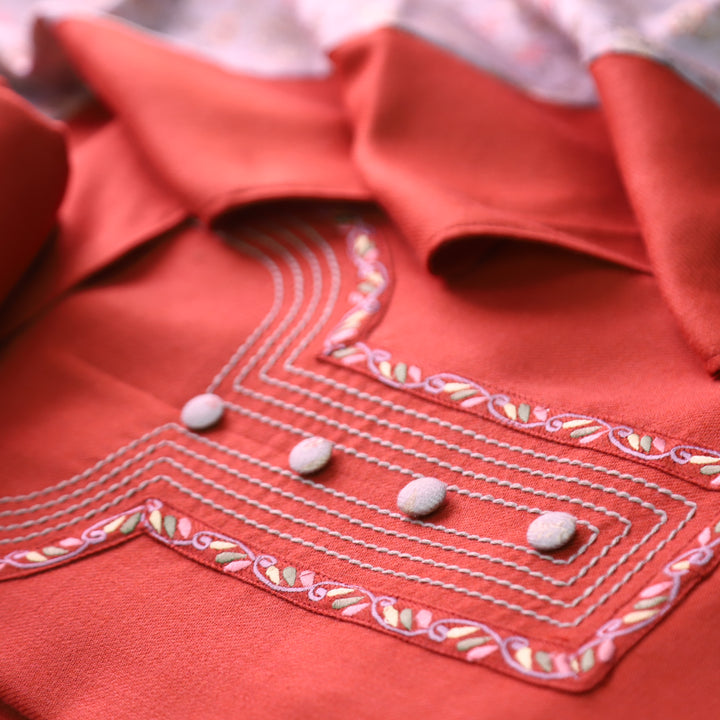 श्रीनारी Rust Orange Unique Thread and Button style Semi Pashmina Set